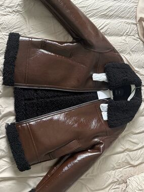 Mango Brown Leather Jacket with Black Shearling Trim